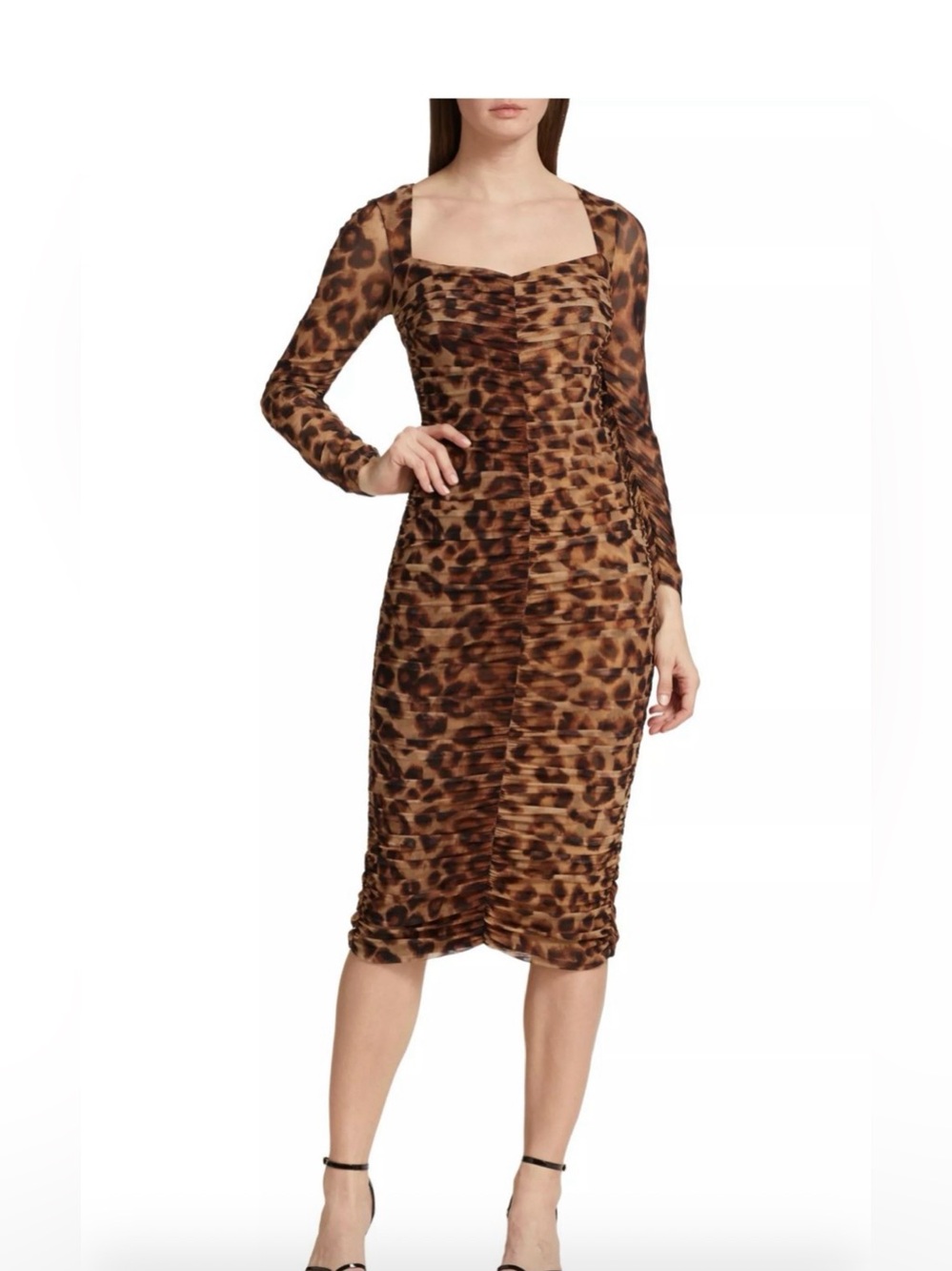 Leopard Print Long Sleeve Ruched Midi Dress - Brown